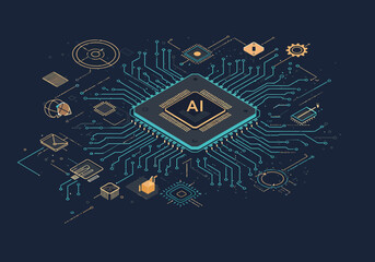 Fototapete - An illustrated circuit board with AI core, showcasing digital connections and data flow.