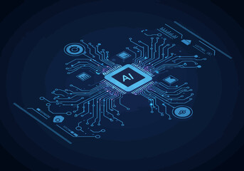 Fototapete - Isometric illustration of a central processing unit, showcasing AI technology and digital circuitry.
