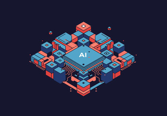 Fototapete - Isometric illustration of an AI chip with surrounding blocks, rendered in blue and orange on a dark background.