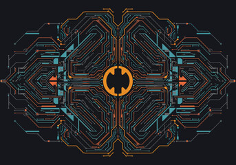 Fototapete - Abstract circuit design with a central emblem, featuring interconnected lines and shapes.