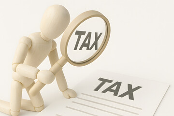 Poster - Wooden Figure Using Magnifying Glass to Examine Tax Document