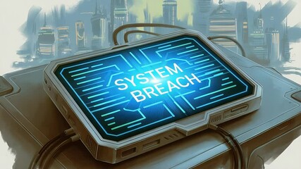 Poster - Cyberpunk System Breach: A futuristic device displays a stark 