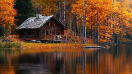 Poster - A cozy cabin situated on a small island in the middle of a lake, perfect for a peaceful getaway or a relaxing vacation