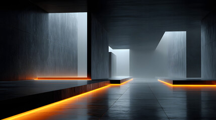 Poster - High-quality 3d abstract rendering of dark lines and light accents in an empty black studio room with minimalist design and dark background