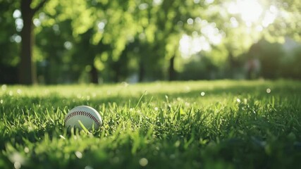 Poster - A single baseball sits on a vibrant green grass, ideal for sports or landscape use