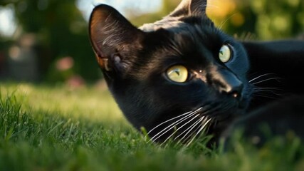 Poster - A black cat relaxing on a lush green field