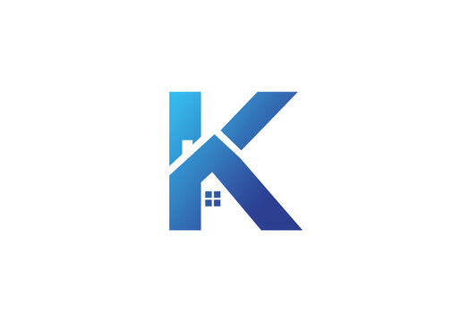 Blue letter k logo with house shape and window on a white background in a modern and simple design