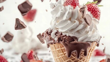 Poster - A sweet treat on a stick - a chocolate ice cream cone topped with fresh strawberries