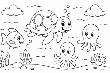  Cute turtle swimming underwater with happy fish, octopus, seaweed, and bubbles in a fun ocean-themed cartoon coloring page for kids