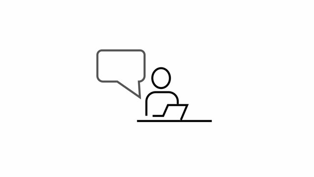 Simple icon representing communication and online interaction focused on a person using a laptop with a speech bubble overlay
