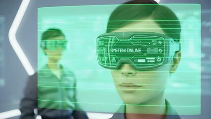 Poster - Visionary Gaze: A woman wears augmented reality glasses. The scene captures cutting-edge technology and the innovative fusion of digital interfaces and human experience.