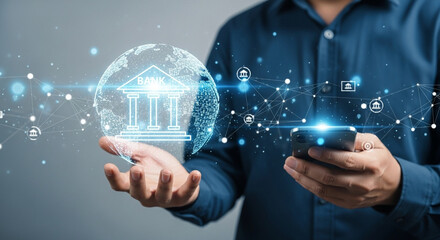 Poster - Man holding phone with bank icon globe overlay and network connections in a blue button down shirt