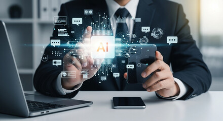 Aufkleber - Businessman interacting with ai interface on smartphone and laptop on a white desk setup