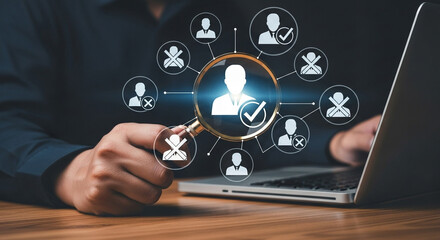 Poster - Person using laptop with magnifying glass on candidate selection interface and network of profiles
