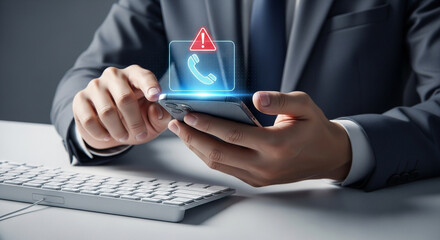 Poster - A person holding a smartphone with a phone call alert and a keyboard on a white desk surface