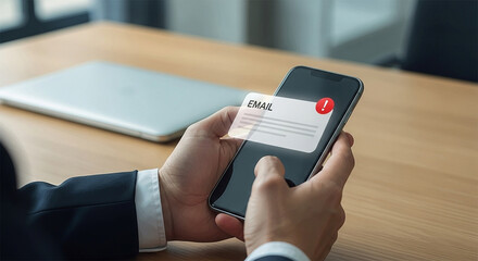 Poster - Person holding smartphone with email notification on screen near laptop on wooden table top view