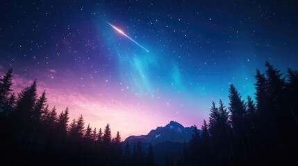 A vibrant night sky with a shooting star over a mountain forest
