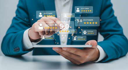 Poster - Man interacting with digital customer feedback interface on a tablet device in a business setting