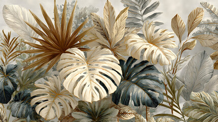  An elegant tropical wallpaper pattern with an assortment of palm and monstera leaves in various shades of neutral colors, including off-white, light brown, and pale grey; the delicate