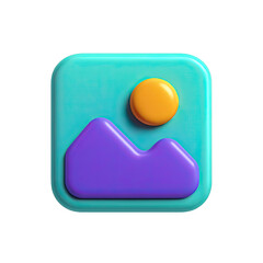 Poster - 3D Render of a Teal Square App Icon with Purple Mountains and Yellow Sun