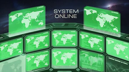 Poster - System Online: A futuristic control panel showcasing real-time global data on multiple screens, illuminated in an electrifying shade of green and radiating technological advancement.