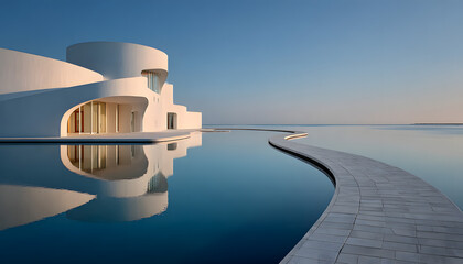 Poster - Minimalistic architecture with smooth white curves reflected on a calm body of water under a blue sky