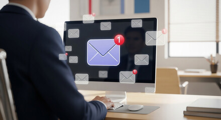 Poster - Man viewing email notifications on a computer screen in an office environment with natural light