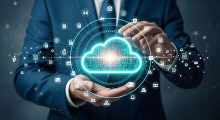 Poster - Man in suit holding a glowing cloud with floating icons representing cloud computing and data storage
