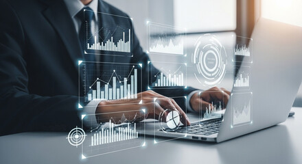 Poster - A person in a suit using a laptop with data visualizations and graphs overlaid on the screen and desk