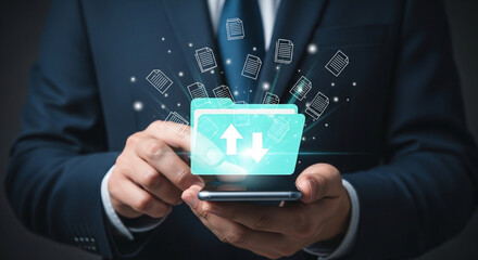 Poster - Man in suit holding smartphone with file transfer folder and document icons floating above it