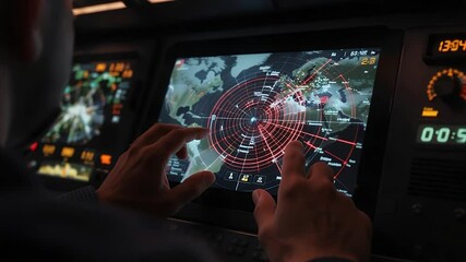 Poster - Navigation System: Close-up view of hands interacting with an advanced navigation system display, showing a detailed map with flight paths and radar data.