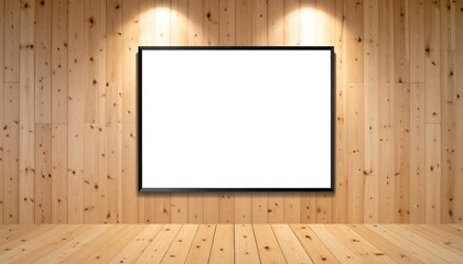 Poster - Empty frame on wood wall with illuminated.