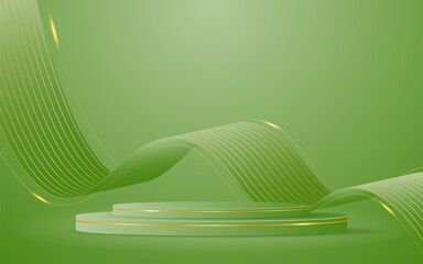 Poster - Green podium with elegant gold wave lines on the back for product presentation. Display of cosmetic products. Stage or podium. vector illustration	