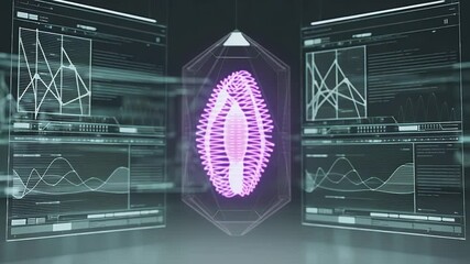 Poster - Futuristic Science: A captivating, high-tech display featuring a glowing, violet-hued biological specimen, set against the backdrop of holographic screens with intricate data analysis.