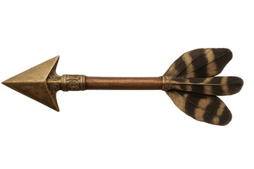 Fototapete - Vintage wooden arrow featuring golden metal arrowhead, brown and beige feathers, positioned pointing rightward against transparent backdrop