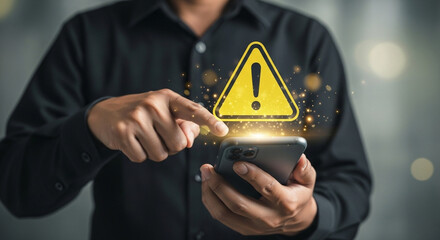 Poster - Man interacting with a phone displaying a yellow warning sign with an exclamation point overlayed