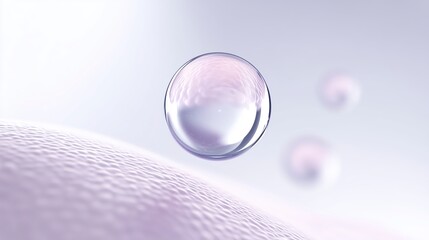 Poster - Transparent water droplet suspended above a soft textured surface, creating a serene atmosphere with gentle light reflections and subtle pastel colors enhancing visual appeal