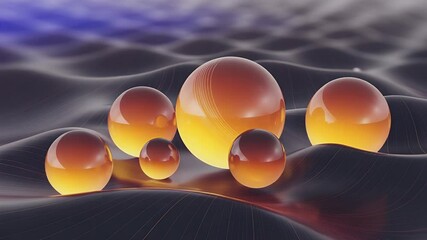 Poster - Abstract Spherical Brilliance: A visually arresting display of radiant orbs, each one aglow with inner luminescence. These vibrant spheres, nestled amidst a rippling surface.