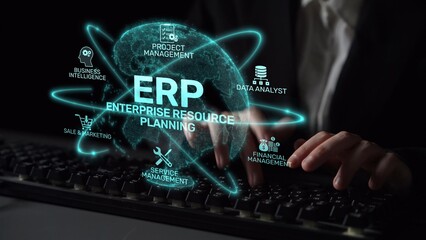 Poster - ERP platform visual showing centralized system for enterprise resource planning, improving integration, data flow, business efficiency, finance, inventory, and human resources. Muxer