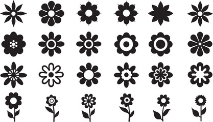 Aufkleber - Collection of black and white flower icons various designs suitable for graphic elements and decorative applications