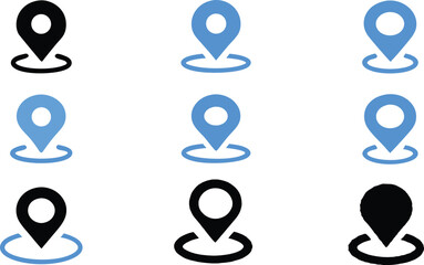 Aufkleber - Collection of nine vector map pin icons in black and blue representing location and navigation symbols on a white background