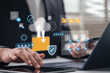 Fototapete - Cloud computing data transfer and secure storage system in business environment with man managing files on laptop and tablet for digital workflow and privacy protection across internet platforms