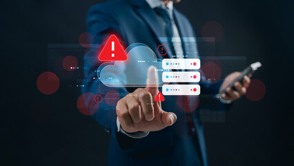 Fototapete - cloud server error and cybersecurity warning with businessman managing data system through mobile an
