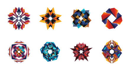 Poster - Collection of eight abstract geometric shapes in various colors and orientations on a white background