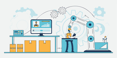 flat vector design future digital manufacturing with ai robotics automation working process concept