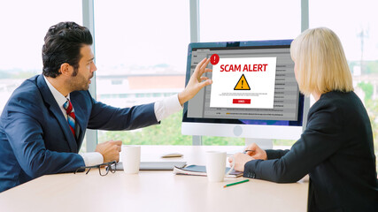 Poster - Cyber security software show alert of cyber attack for protection snugly. Danger from virus, phishing and cyber fraud.