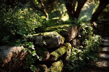 Fototapete - A mossy rock wall along a stone path in a bright, shaded woodland with vibrant green undergrowth and dappled sunlight illuminating nature's beauty