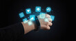 © TemplateNest - Hand with Fitness Tracker Emitting Holographic Health and Wellness Icons - Wearable Technology, Digital Health, and Personal Fitness Monitoring