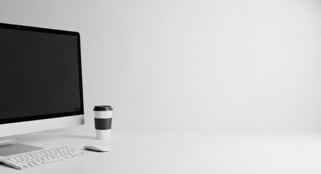 Modern Minimalist Workspace Sleek Desktop Computer, Keyboard, Mouse, and Coffee Cup on a Clean White Desk