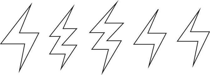 Poster - set of black outline lightning bolt, electric thunderbolt, lightning strike, vector illustration.